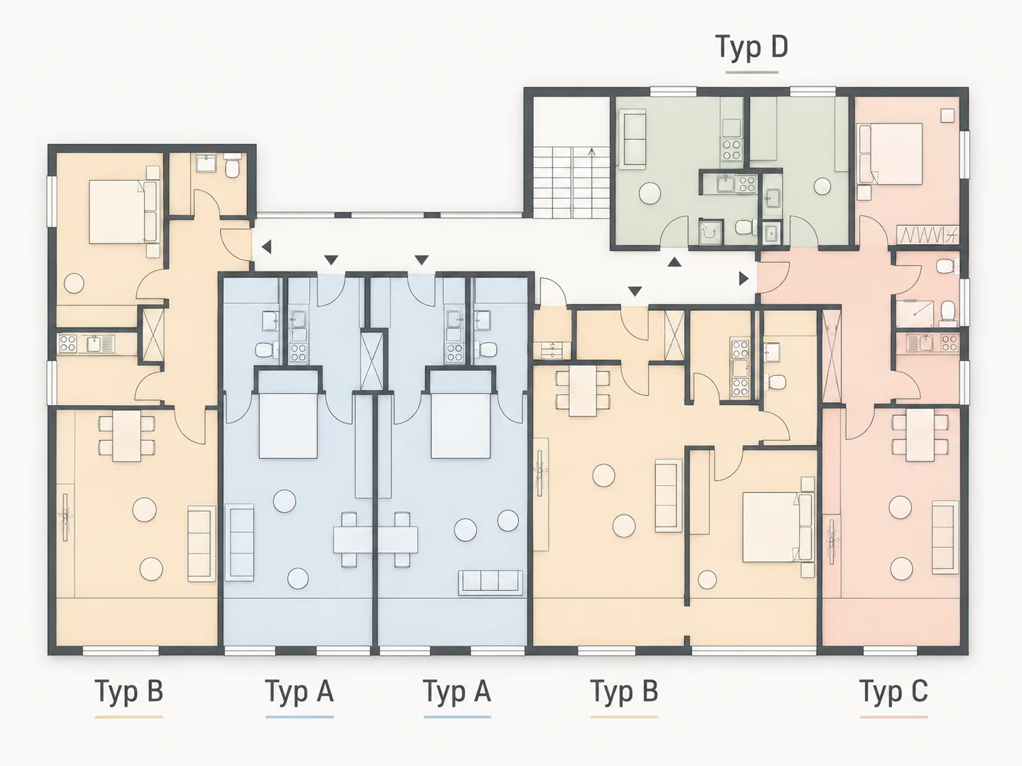 Grundriss eines Geschosses im Haus Quelle mit den Wohnungstypen A, B, C und D